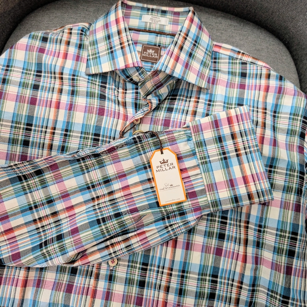 Men's NWT Peter Millar Plaid Purple Blue Medium Long sleeve dress shirt